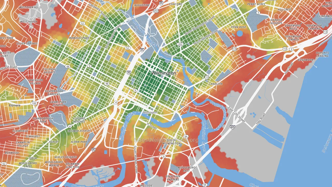 Walk Grade map of Downtown, Wilmington, DE, walkable areas in green and car-dependent areas in red