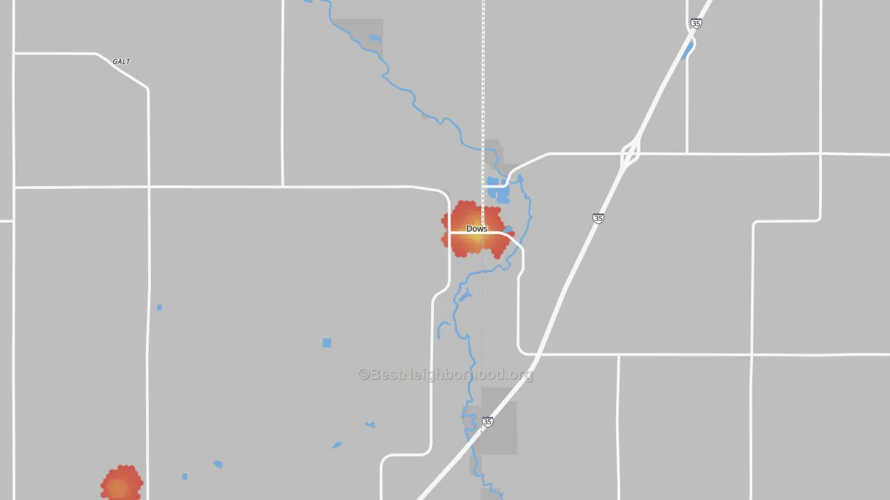 Walk Grade map of Dows, IA, walkable areas in green and car-dependent areas in red
