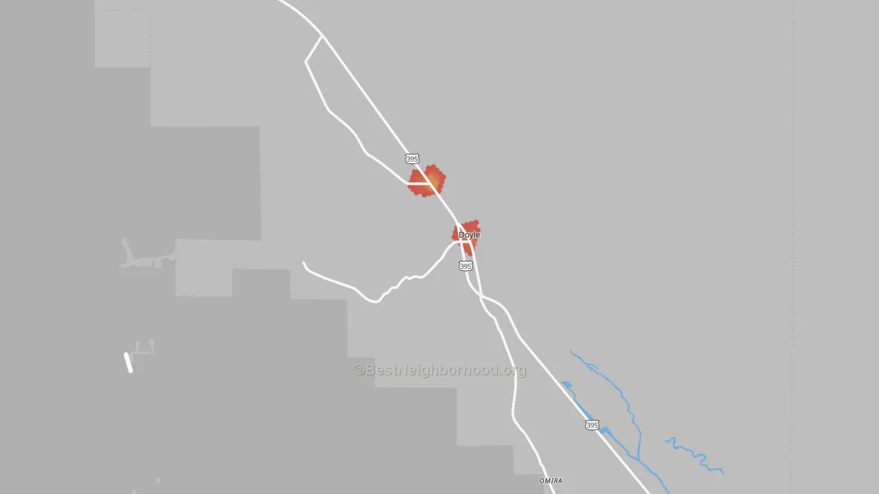 Walk Grade map of Doyle, CA, walkable areas in green and car-dependent areas in red