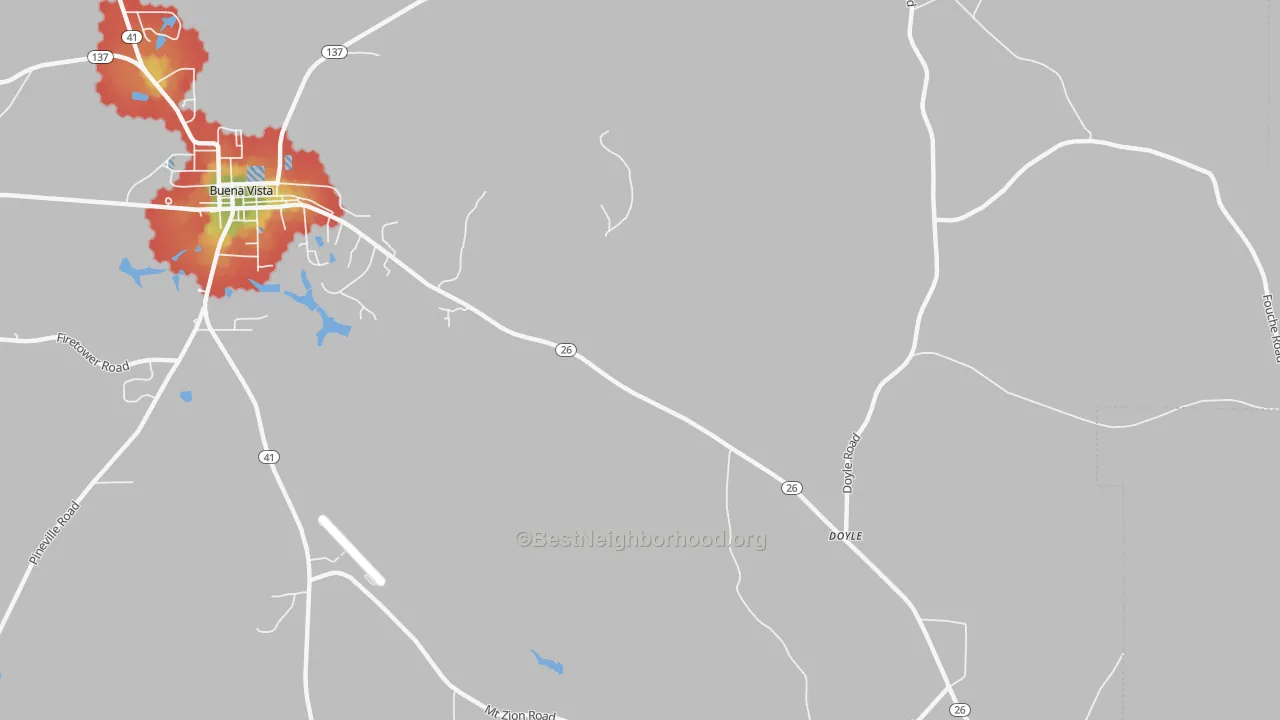 Walk Grade map of Doyle, GA, walkable areas in green and car-dependent areas in red