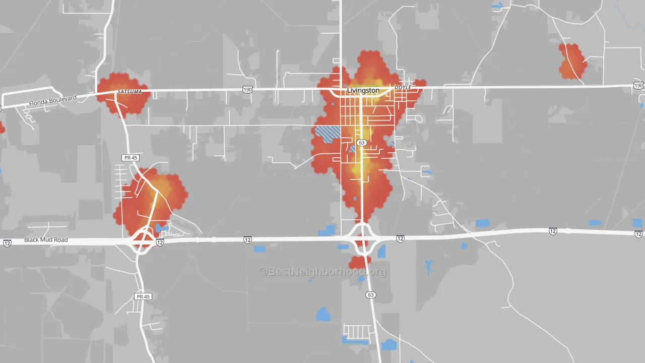 Walk Grade map of Doyle, LA, walkable areas in green and car-dependent areas in red