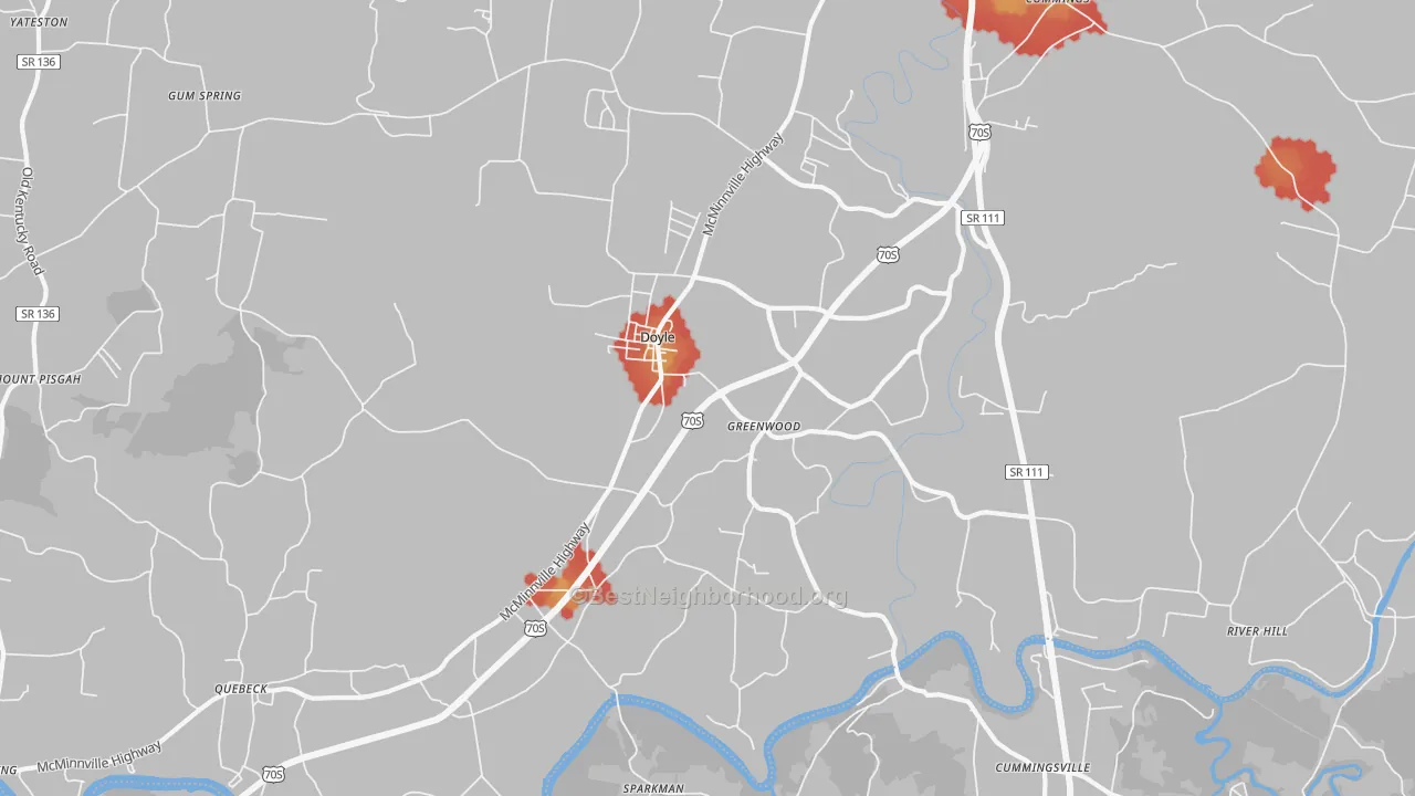 Walk Grade map of Doyle, TN, walkable areas in green and car-dependent areas in red