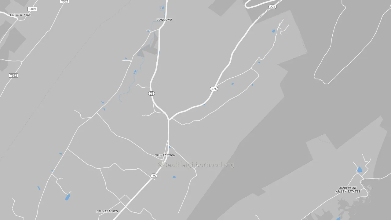 Walk Grade map of Doylesburg, PA, walkable areas in green and car-dependent areas in red