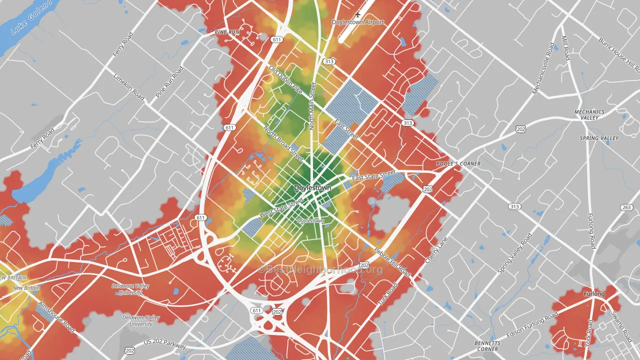 Walk Grade map of Doylestown Historic District, Doylestown, PA, walkable areas in green and car-dependent areas in red