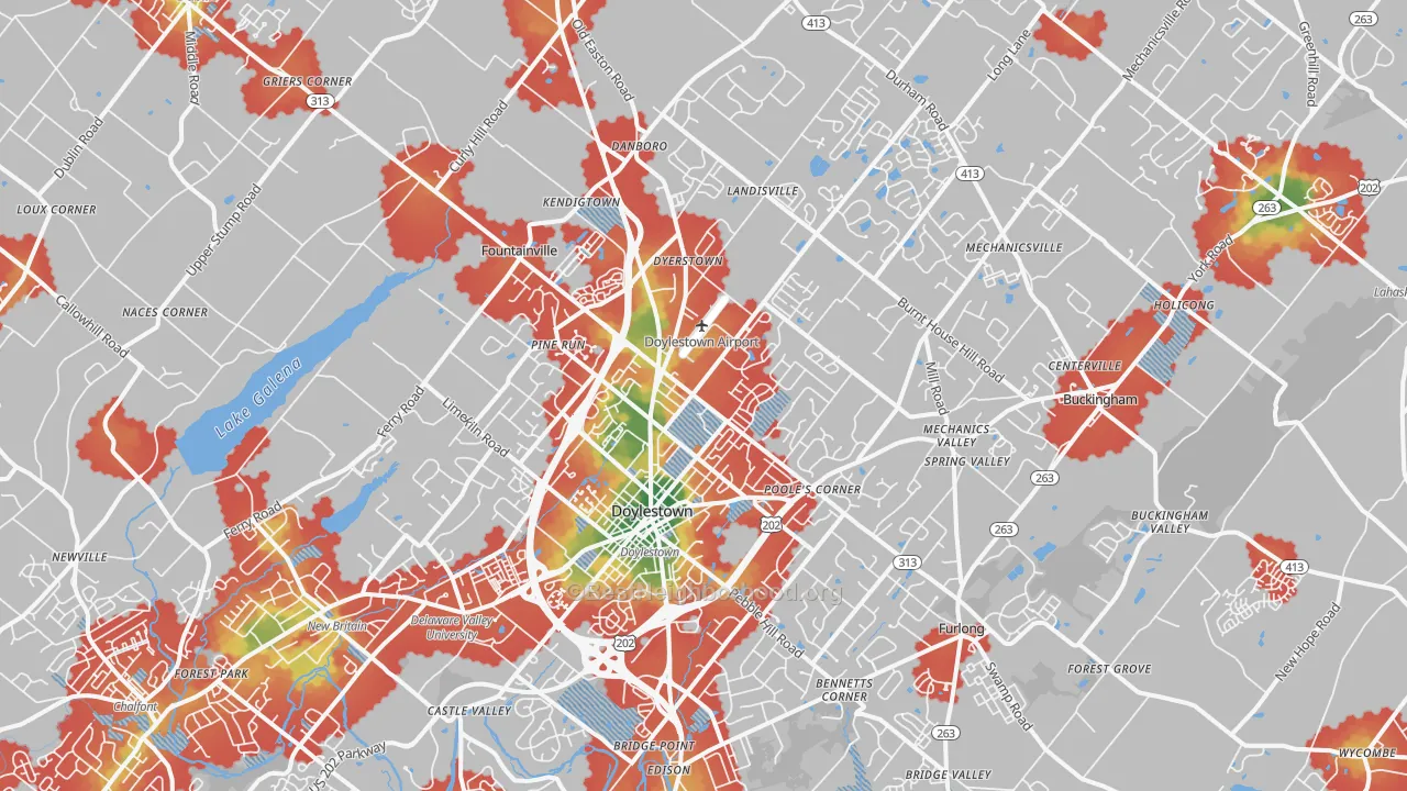 Walk Grade map of Doylestown, PA, walkable areas in green and car-dependent areas in red