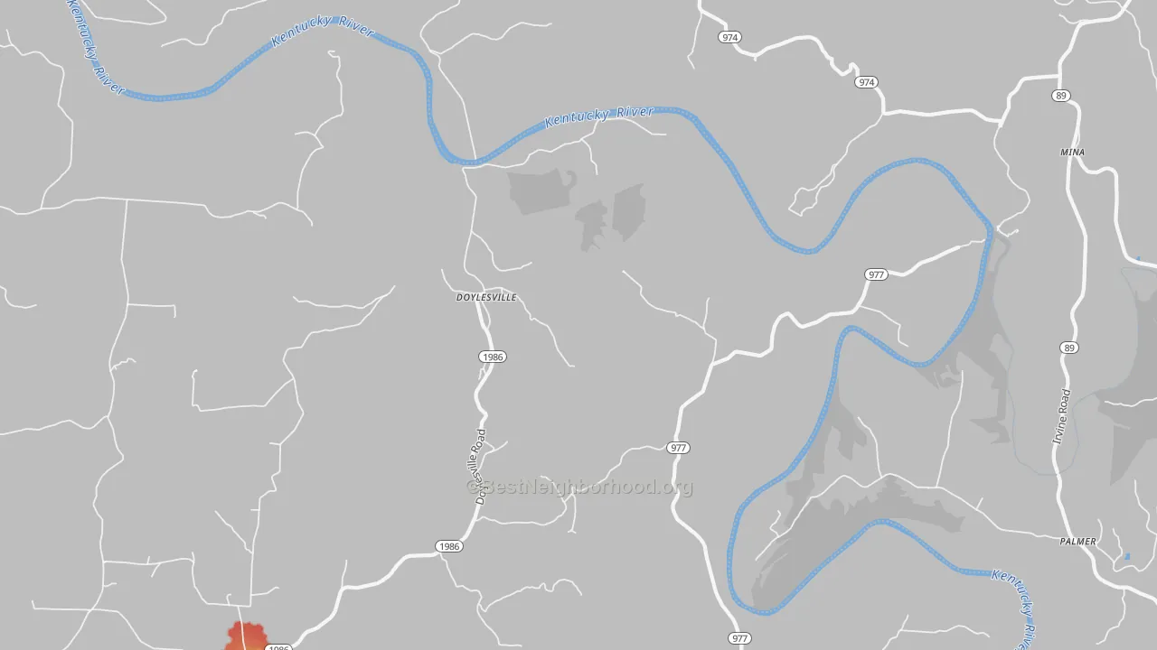 Walk Grade map of Doylesville, KY, walkable areas in green and car-dependent areas in red