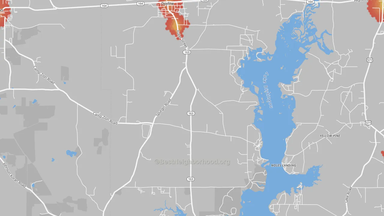 Walk Grade map of Doyline, LA, walkable areas in green and car-dependent areas in red
