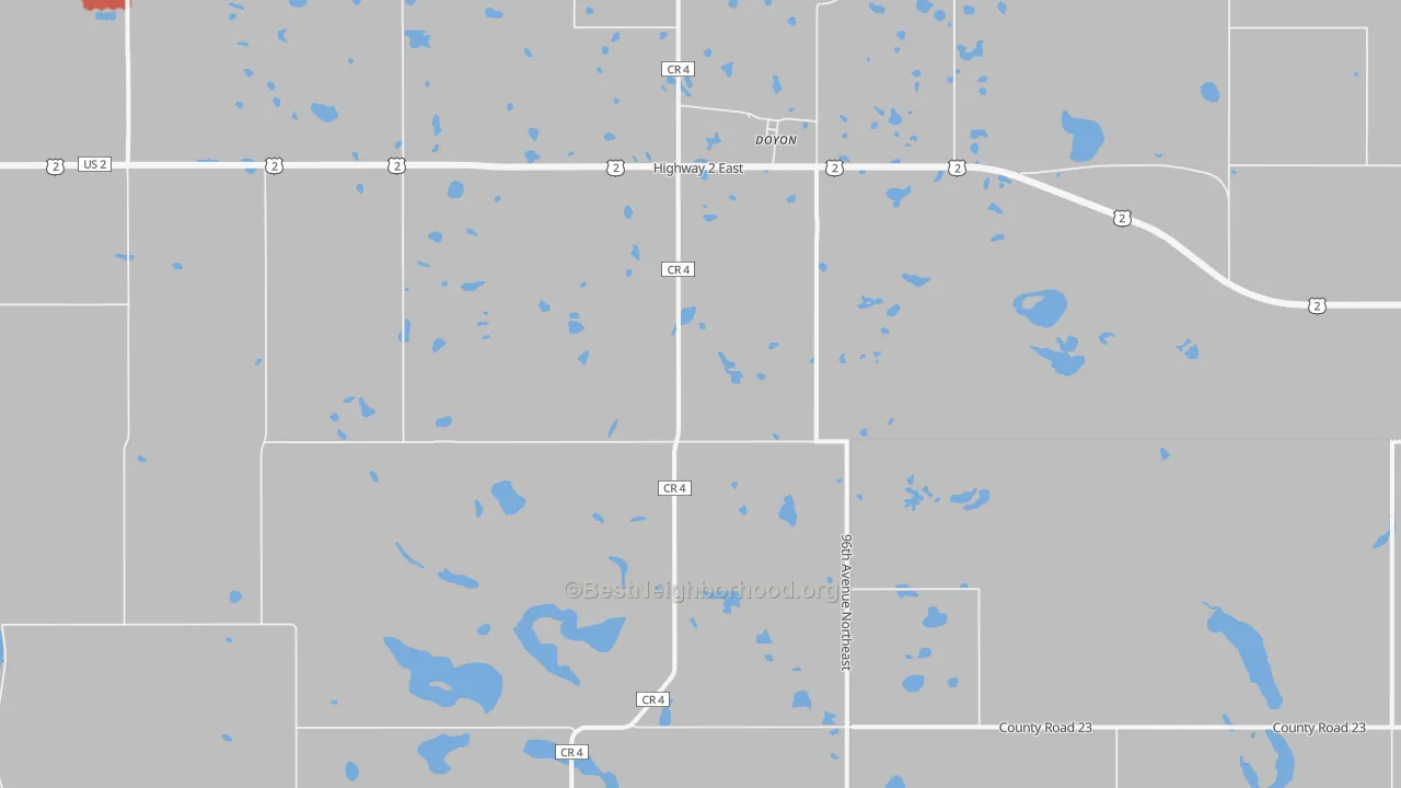 Walk Grade map of Doyon, ND, walkable areas in green and car-dependent areas in red
