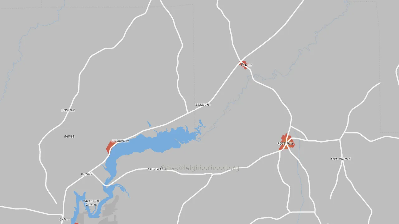 Walk Grade map of Dozier, AL, walkable areas in green and car-dependent areas in red