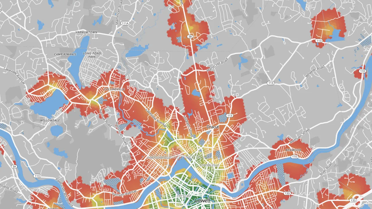 Walk Grade map of Dracut, MA, walkable areas in green and car-dependent areas in red