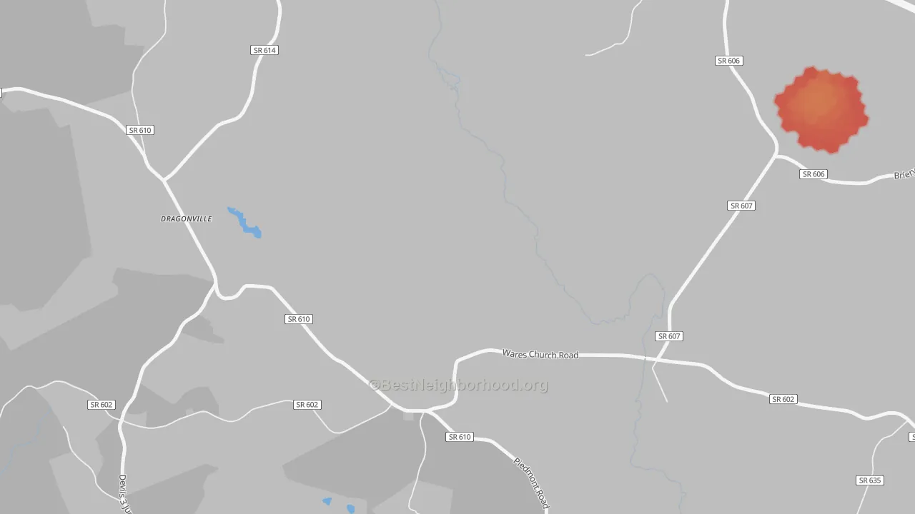 Walk Grade map of Dragonville, VA, walkable areas in green and car-dependent areas in red
