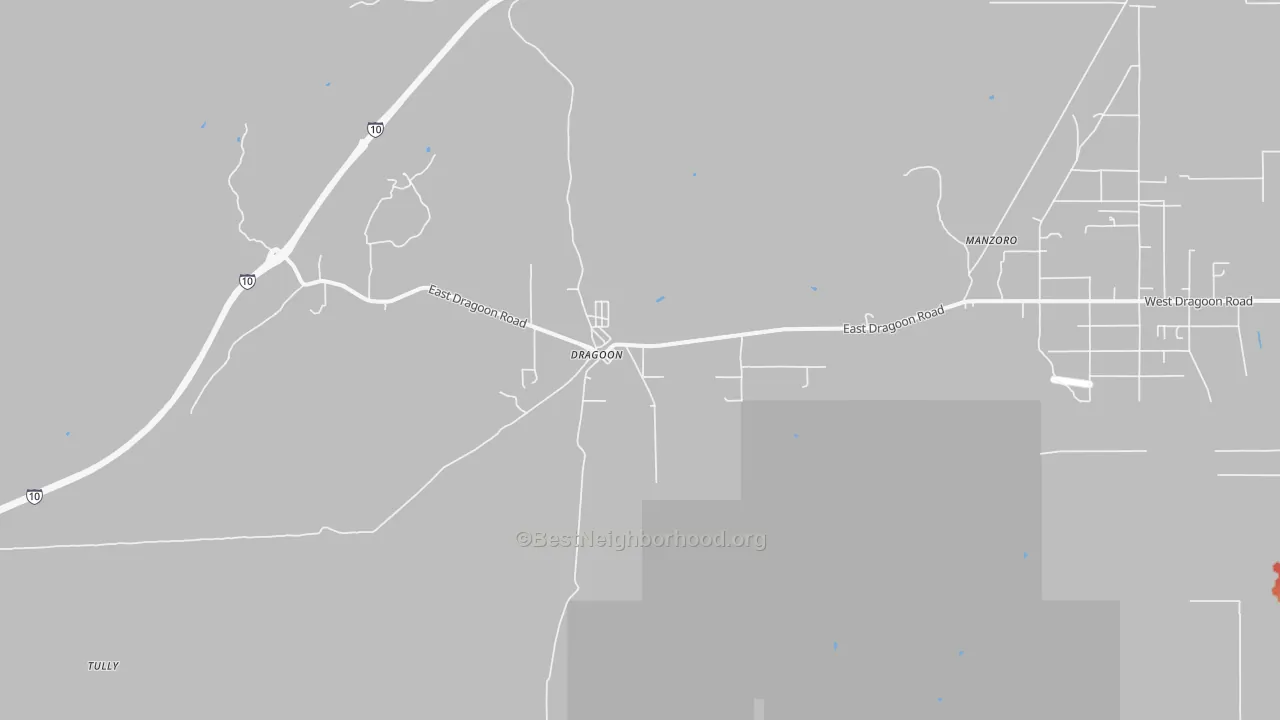 Walk Grade map of Dragoon, AZ, walkable areas in green and car-dependent areas in red