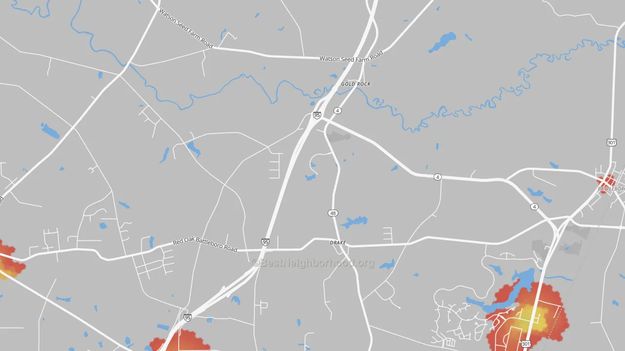 Walk Grade map of Drake, NC, walkable areas in green and car-dependent areas in red