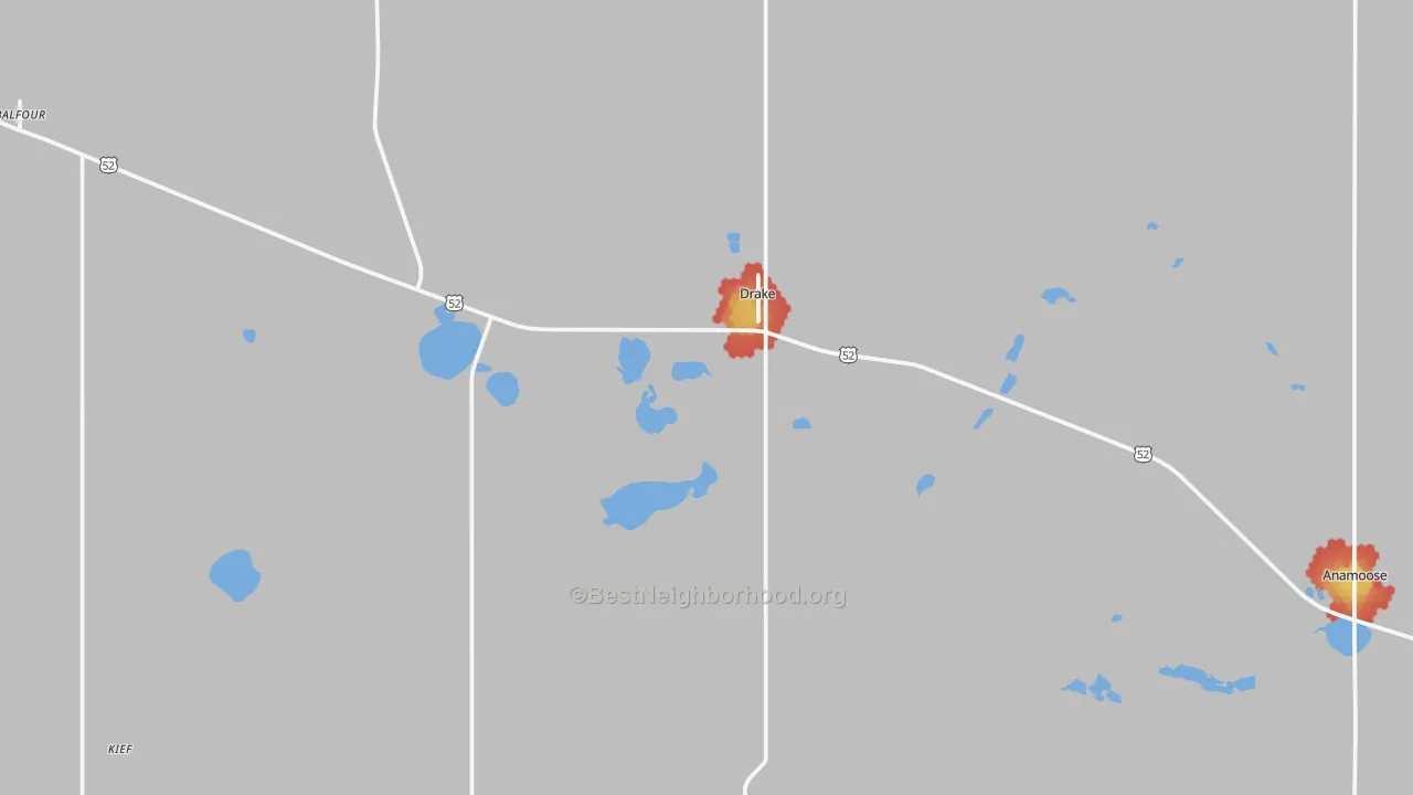 Walk Grade map of Drake, ND, walkable areas in green and car-dependent areas in red