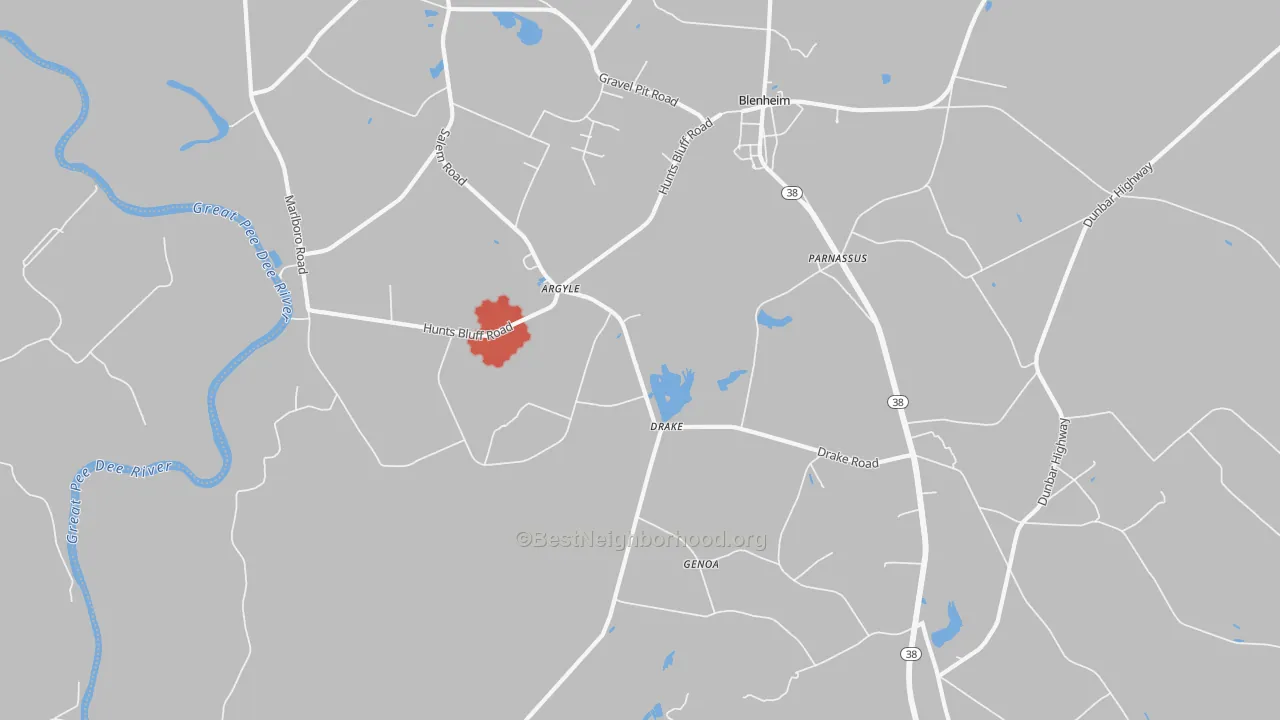 Walk Grade map of Drake, SC, walkable areas in green and car-dependent areas in red