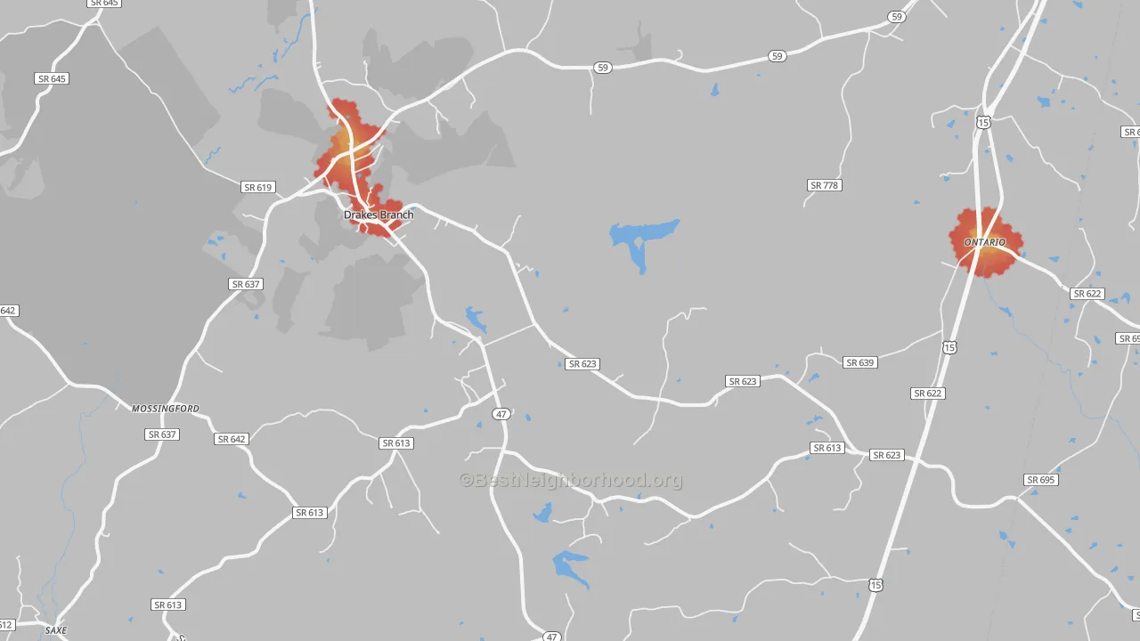 Walk Grade map of Drakes Branch, VA, walkable areas in green and car-dependent areas in red