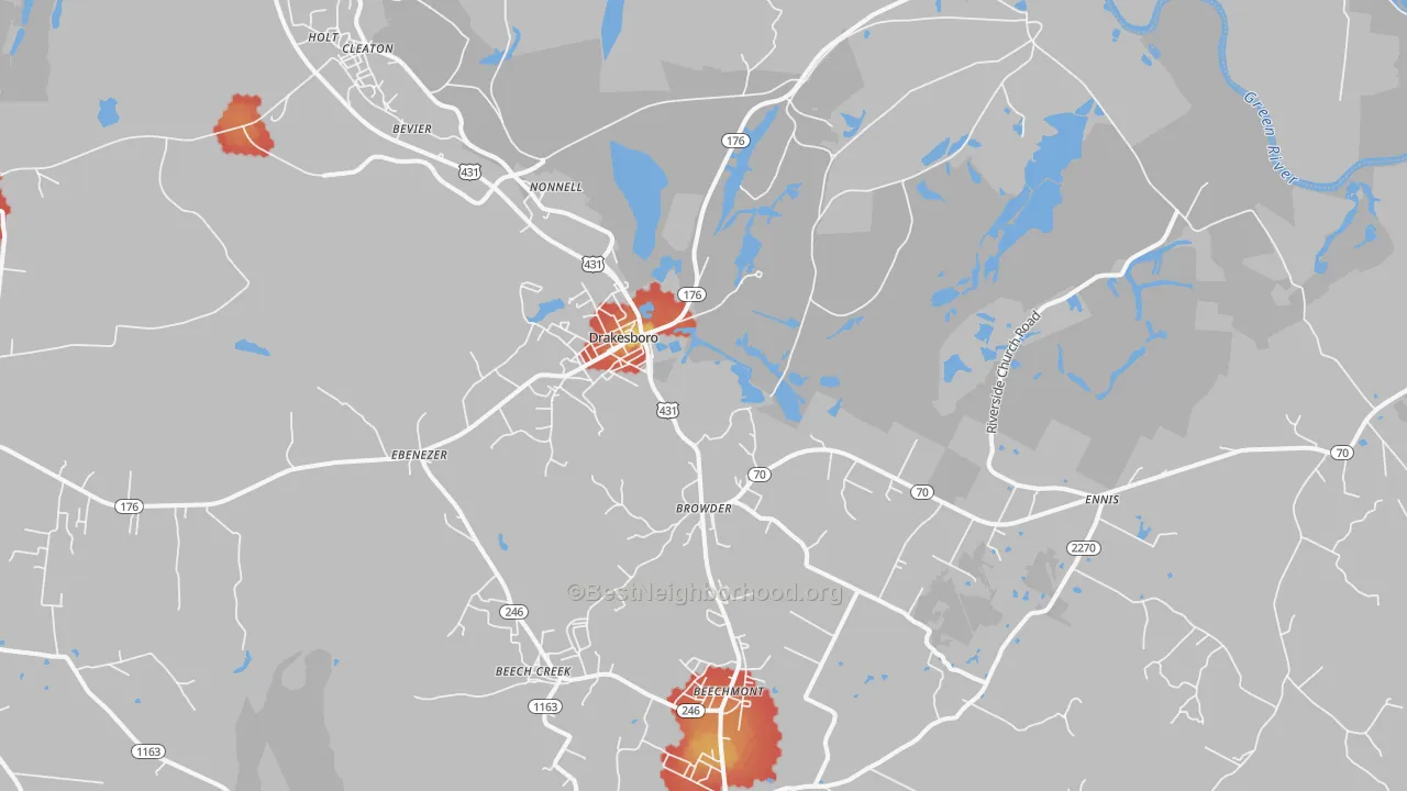 Walk Grade map of Drakesboro, KY, walkable areas in green and car-dependent areas in red