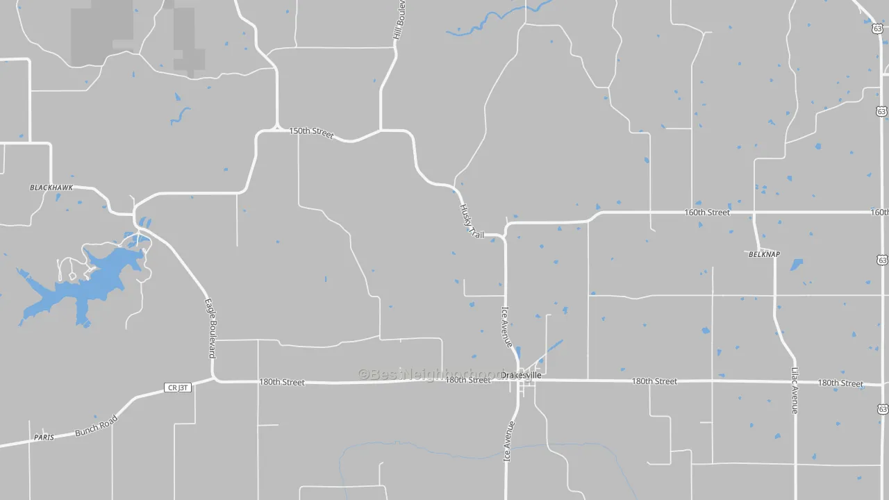 Walk Grade map of Drakesville, IA, walkable areas in green and car-dependent areas in red