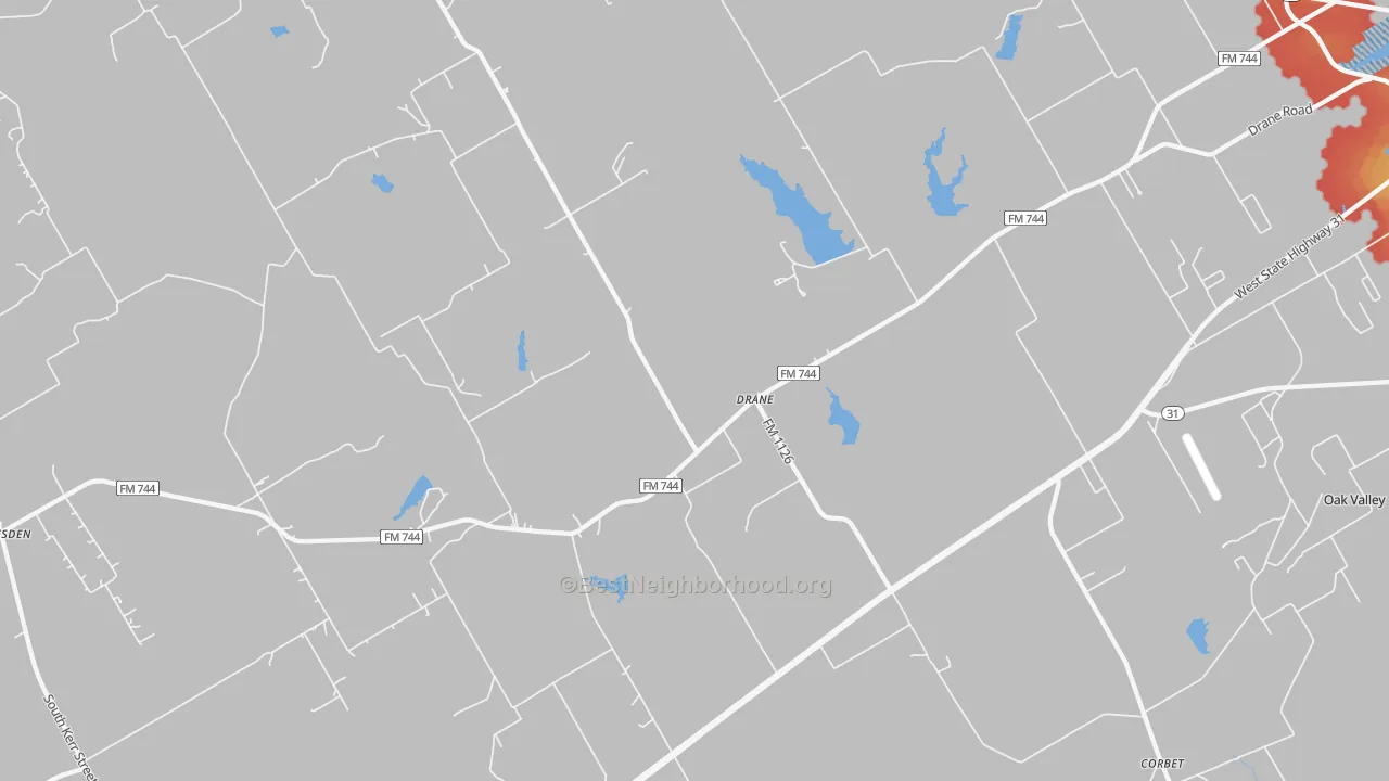Walk Grade map of Drane, TX, walkable areas in green and car-dependent areas in red