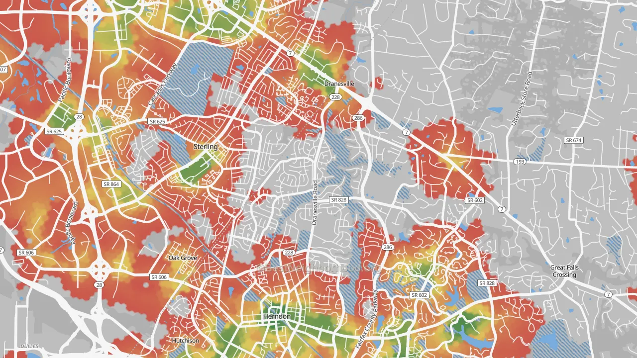 Walk Grade map of Dranesville, VA, walkable areas in green and car-dependent areas in red