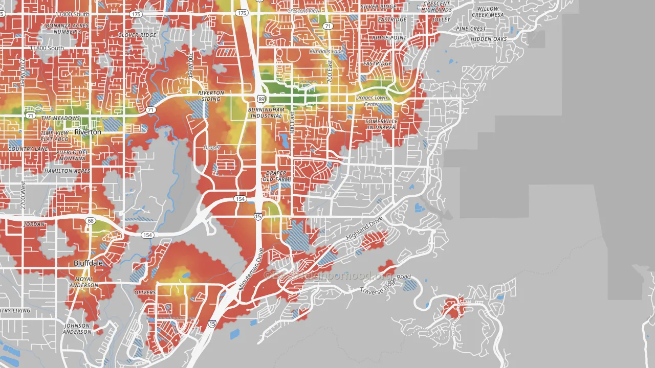Walk Grade map of Draper, UT, walkable areas in green and car-dependent areas in red