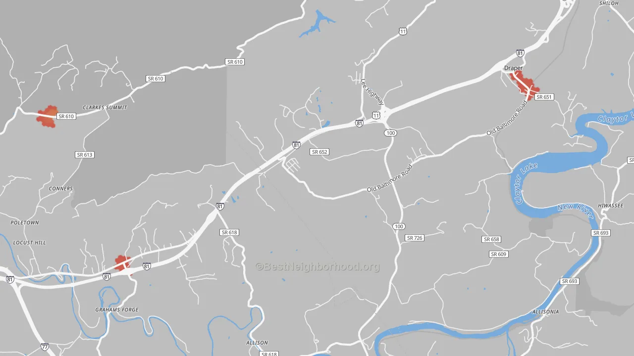 Walk Grade map of Draper, VA, walkable areas in green and car-dependent areas in red