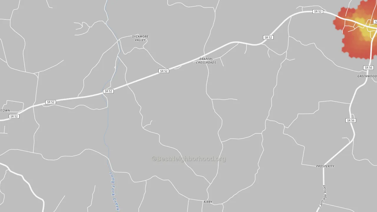 Walk Grade map of Drapers Crossroads, TN, walkable areas in green and car-dependent areas in red