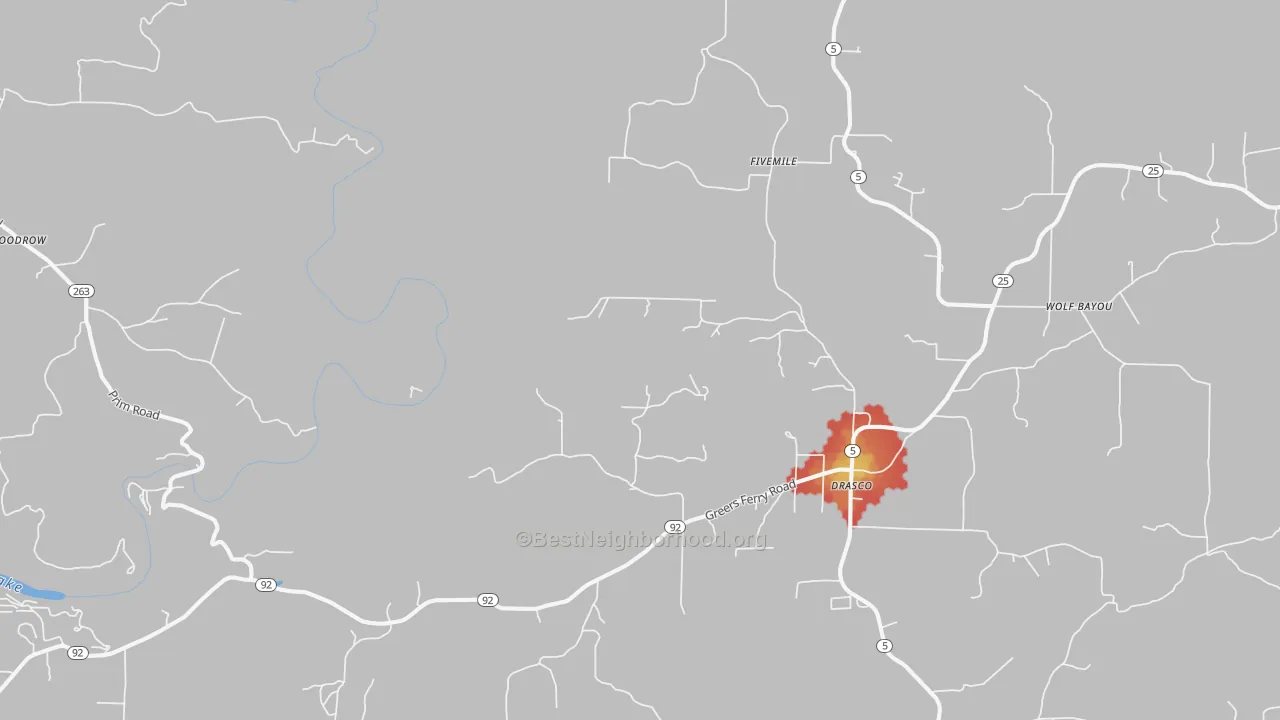 Walk Grade map of Drasco, AR, walkable areas in green and car-dependent areas in red