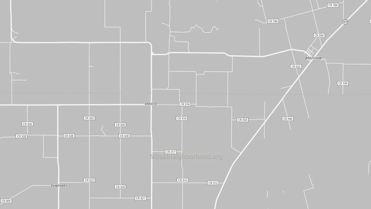 Walk Grade map of Drasco, TX, walkable areas in green and car-dependent areas in red