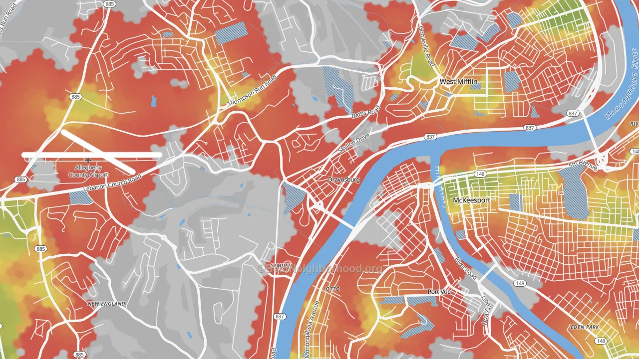 Walk Grade map of Dravosburg, PA, walkable areas in green and car-dependent areas in red