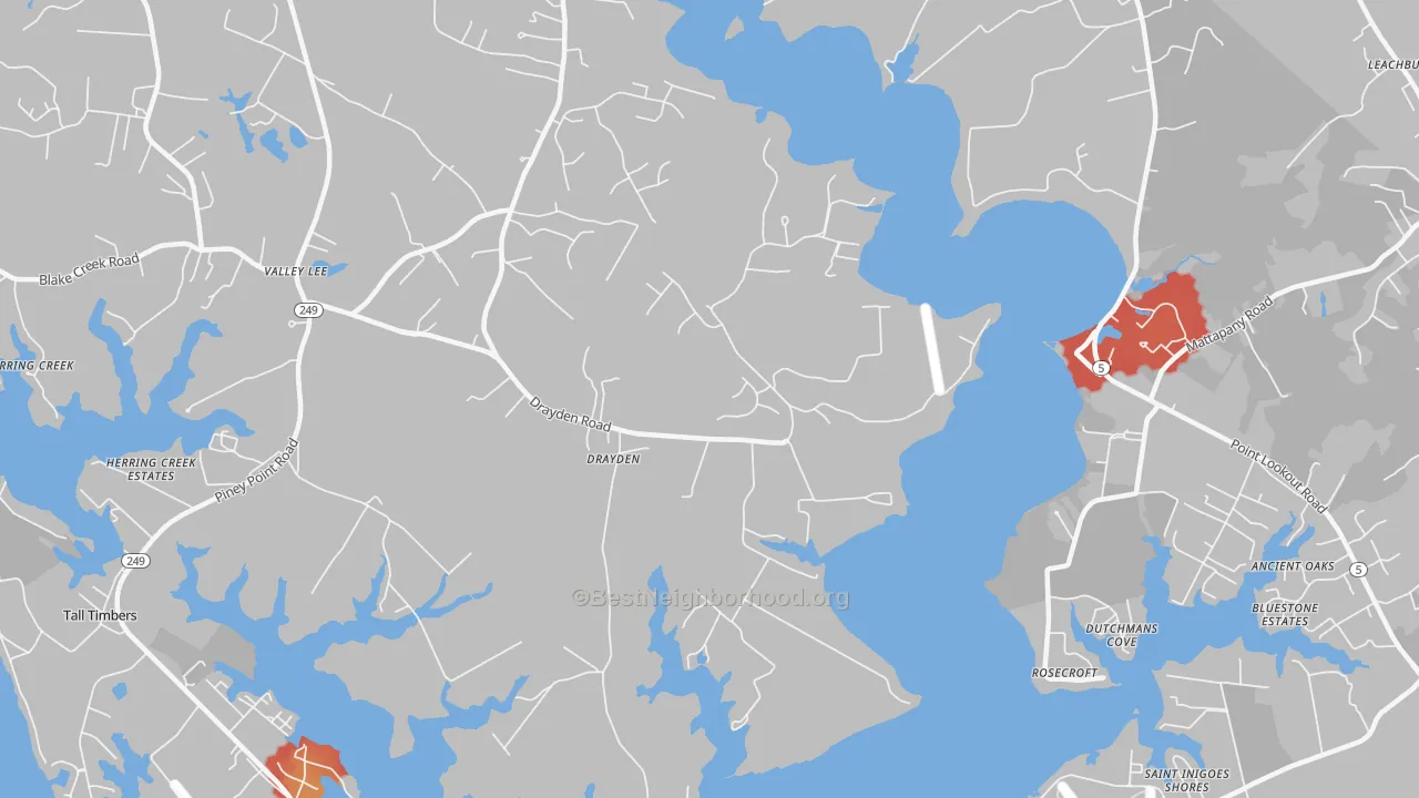 Walk Grade map of Drayden, MD, walkable areas in green and car-dependent areas in red