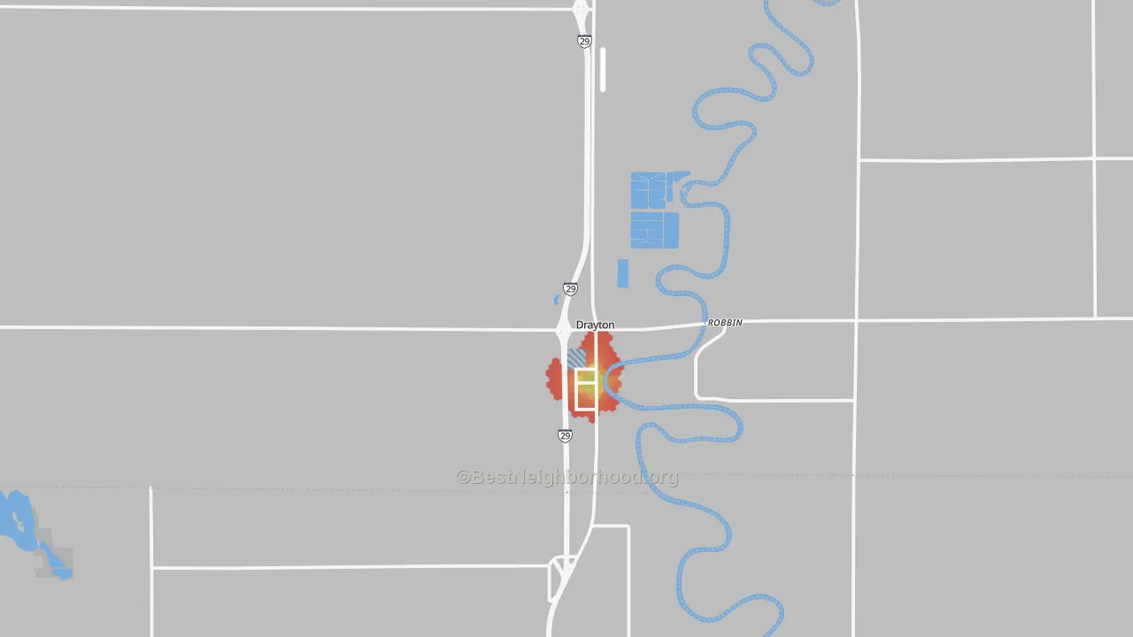 Walk Grade map of Drayton, ND, walkable areas in green and car-dependent areas in red