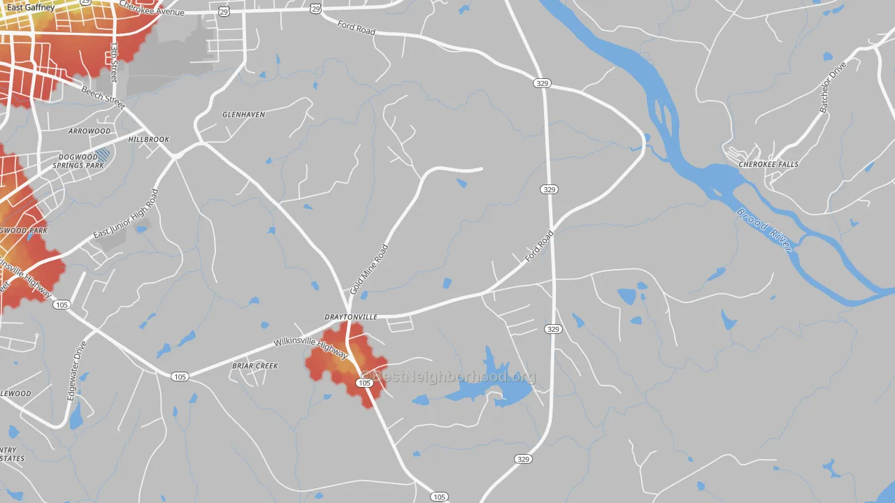 Walk Grade map of Draytonville, SC, walkable areas in green and car-dependent areas in red