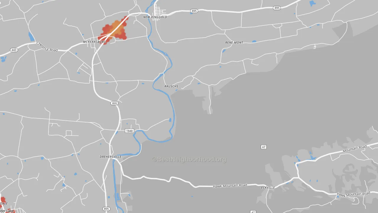 Walk Grade map of Drehersville, PA, walkable areas in green and car-dependent areas in red
