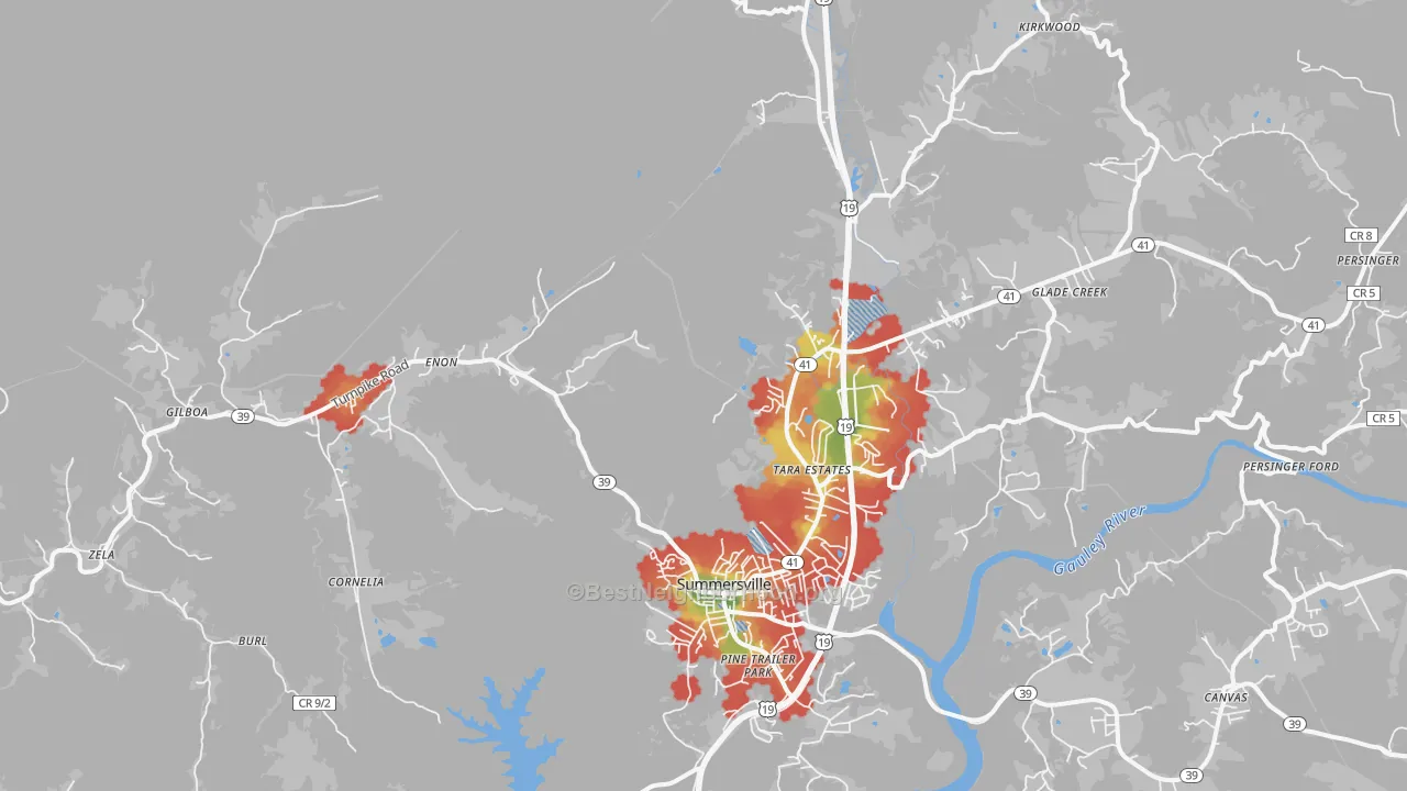 Walk Grade map of Drennen, WV, walkable areas in green and car-dependent areas in red