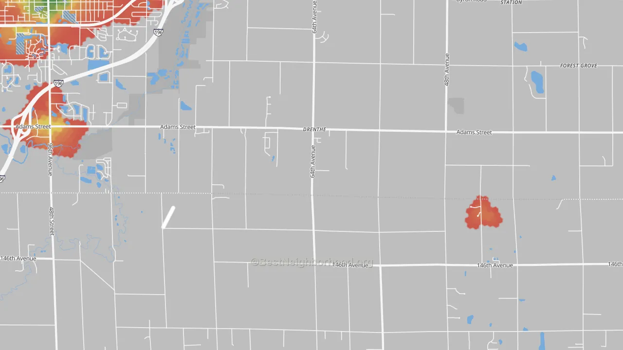 Walk Grade map of Drenthe, MI, walkable areas in green and car-dependent areas in red