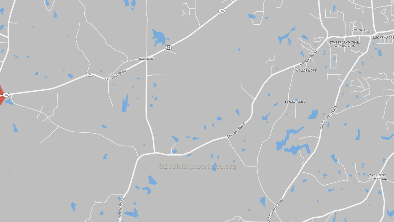 Walk Grade map of Dresden, GA, walkable areas in green and car-dependent areas in red
