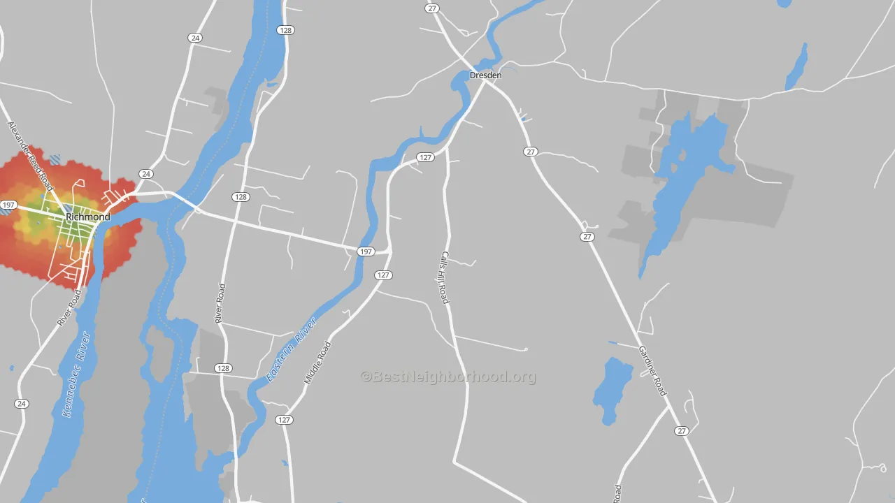Walk Grade map of Dresden, ME, walkable areas in green and car-dependent areas in red