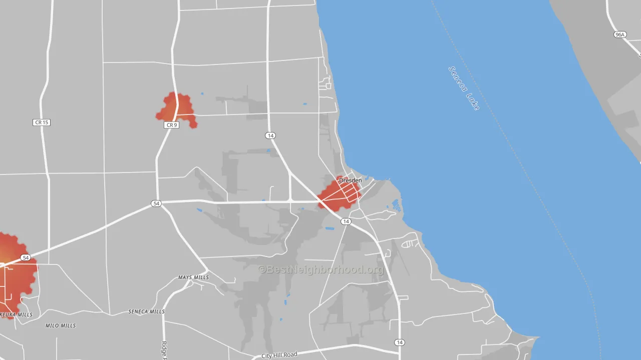 Walk Grade map of Dresden, NY, walkable areas in green and car-dependent areas in red