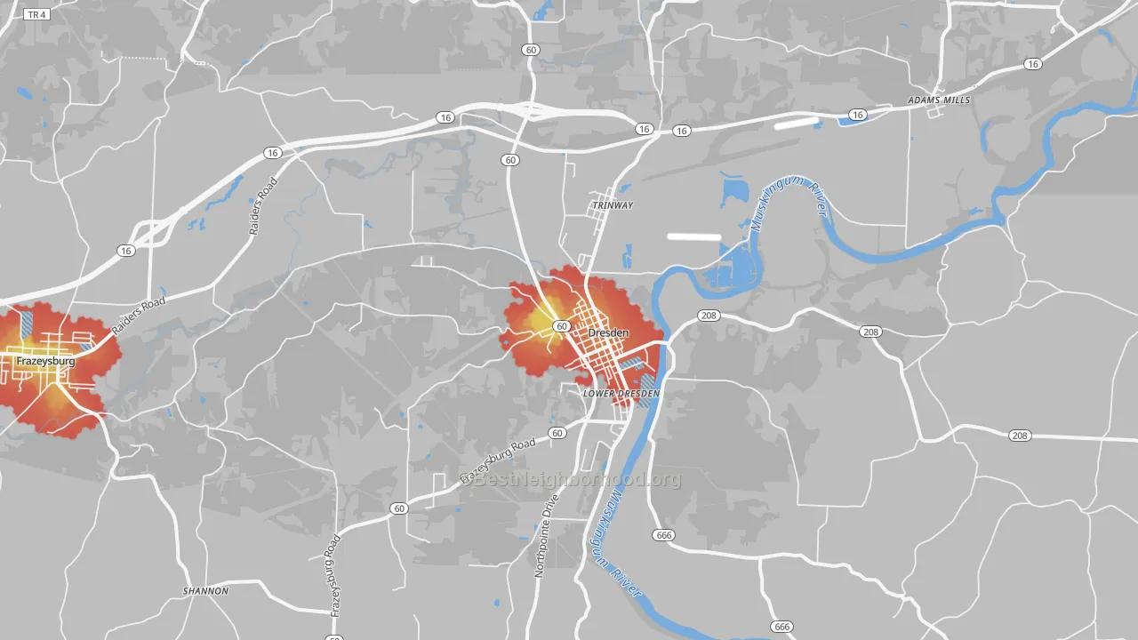 Walk Grade map of Dresden, OH, walkable areas in green and car-dependent areas in red