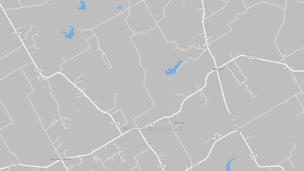 Walk Grade map of Dresden, TX, walkable areas in green and car-dependent areas in red