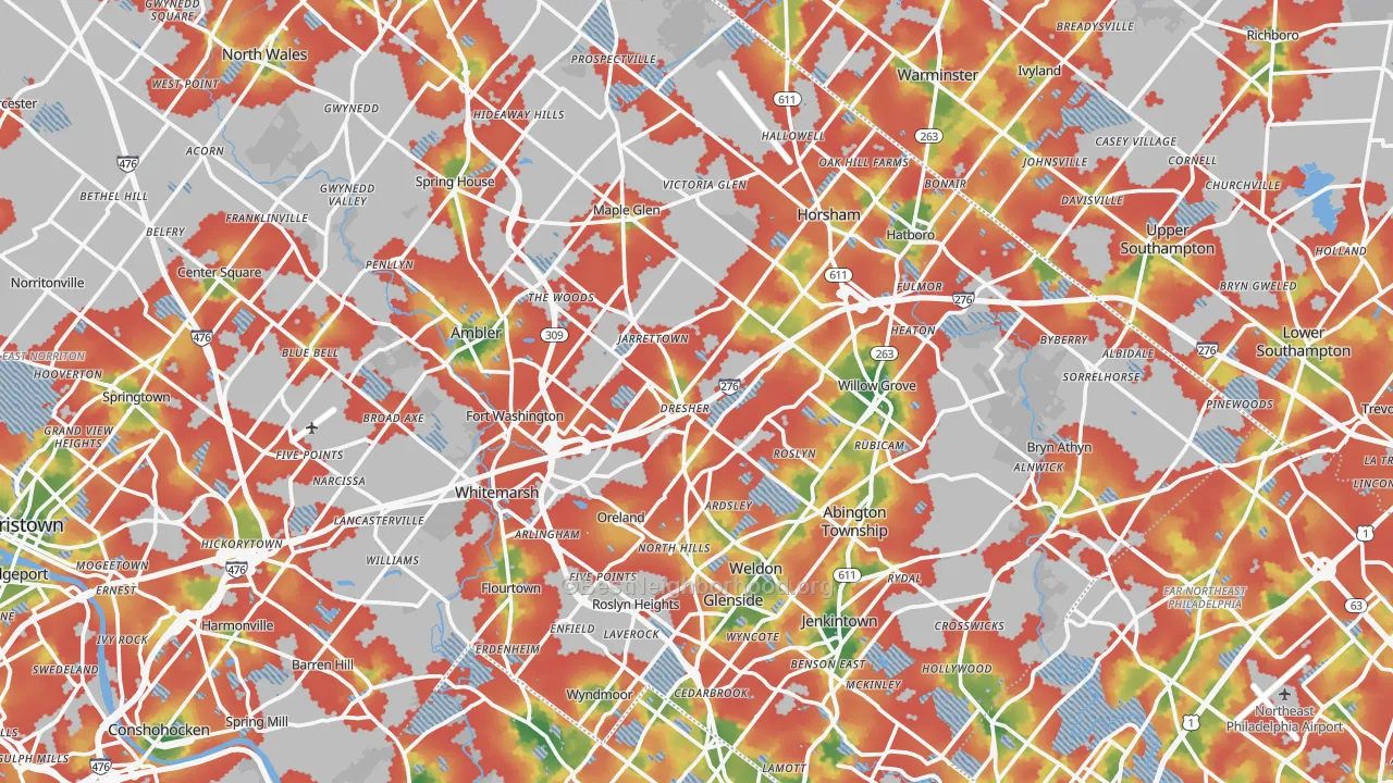 Walk Grade map of Dresher, PA, walkable areas in green and car-dependent areas in red