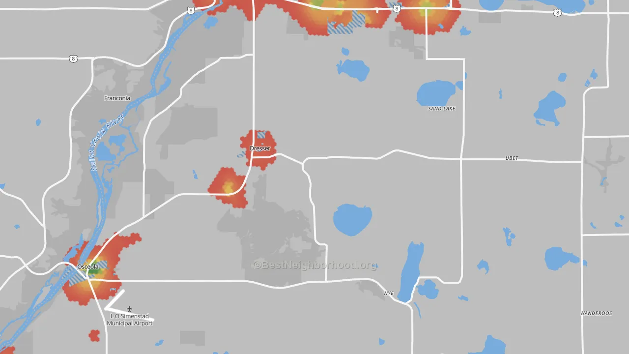 Walk Grade map of Dresser, WI, walkable areas in green and car-dependent areas in red