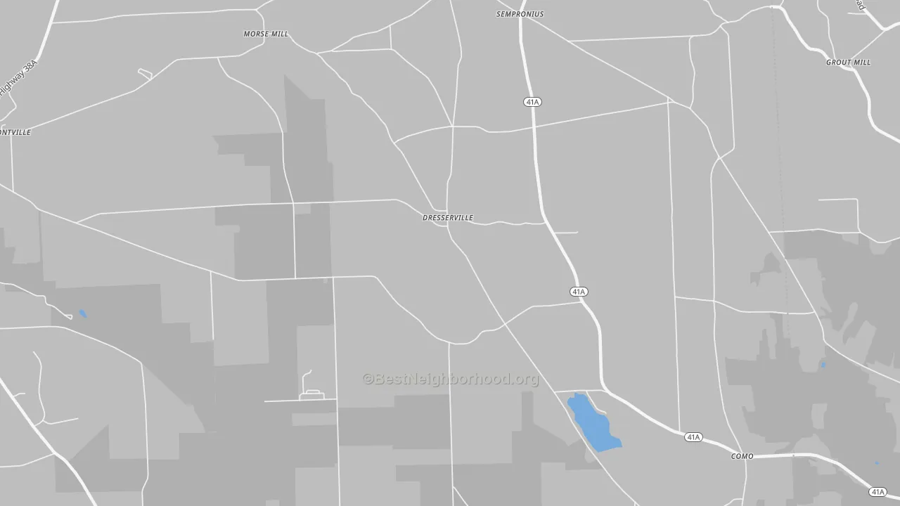 Walk Grade map of Dresserville, NY, walkable areas in green and car-dependent areas in red