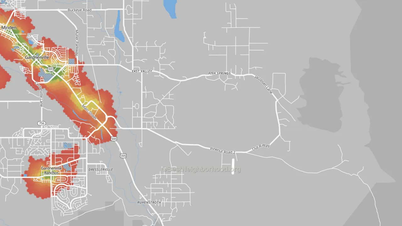 Walk Grade map of Dresslerville, NV, walkable areas in green and car-dependent areas in red