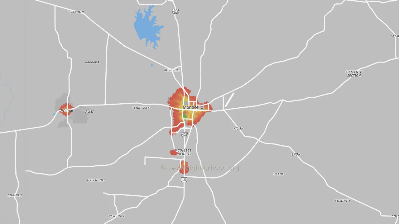 Walk Grade map of Drew County, AR, walkable areas in green and car-dependent areas in red