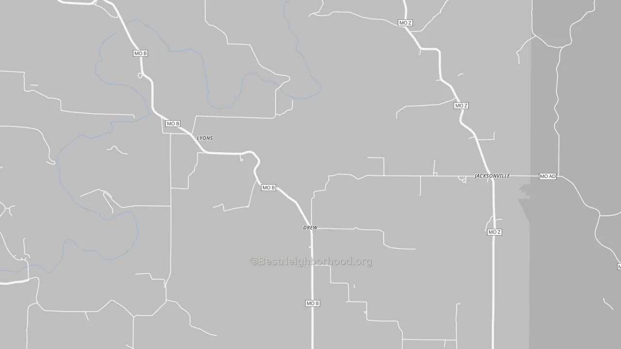 Walk Grade map of Drew, MO, walkable areas in green and car-dependent areas in red