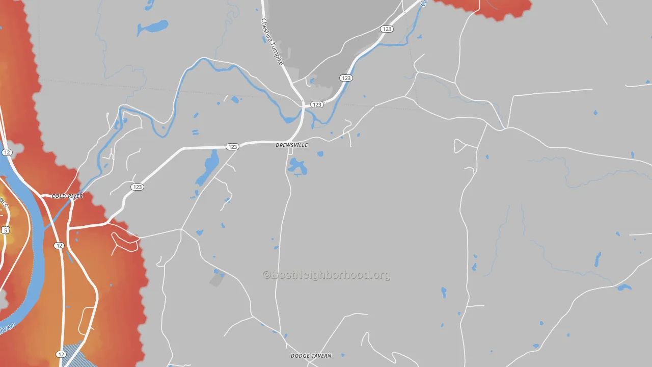 Walk Grade map of Drewsville, NH, walkable areas in green and car-dependent areas in red