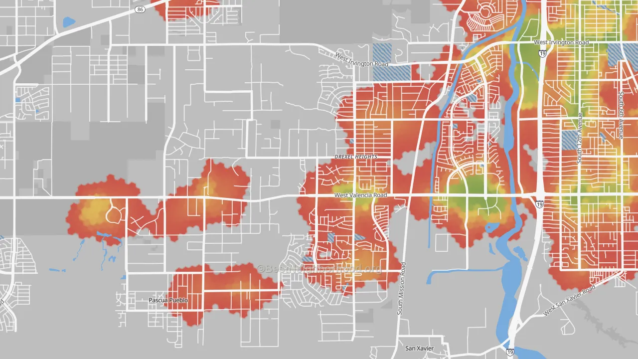 Walk Grade map of Drexel Heights, AZ, walkable areas in green and car-dependent areas in red