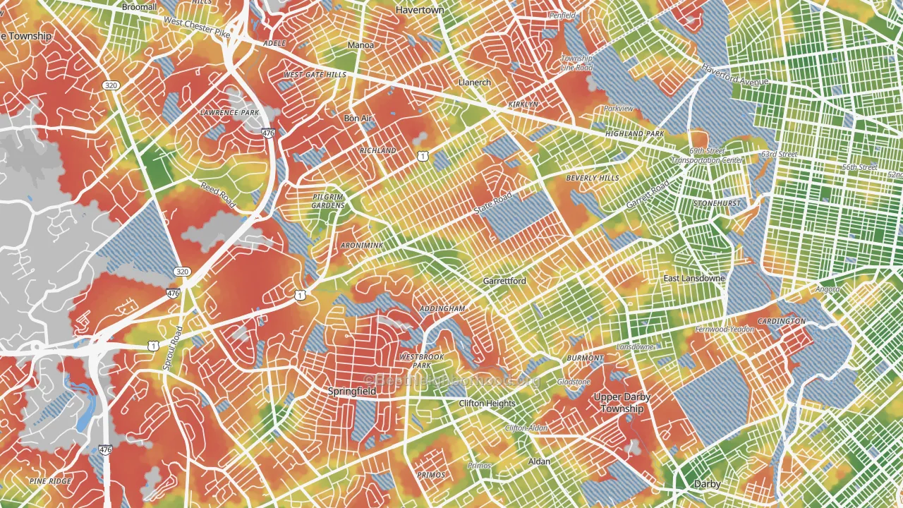 Walk Grade map of Drexel Hill, PA, walkable areas in green and car-dependent areas in red
